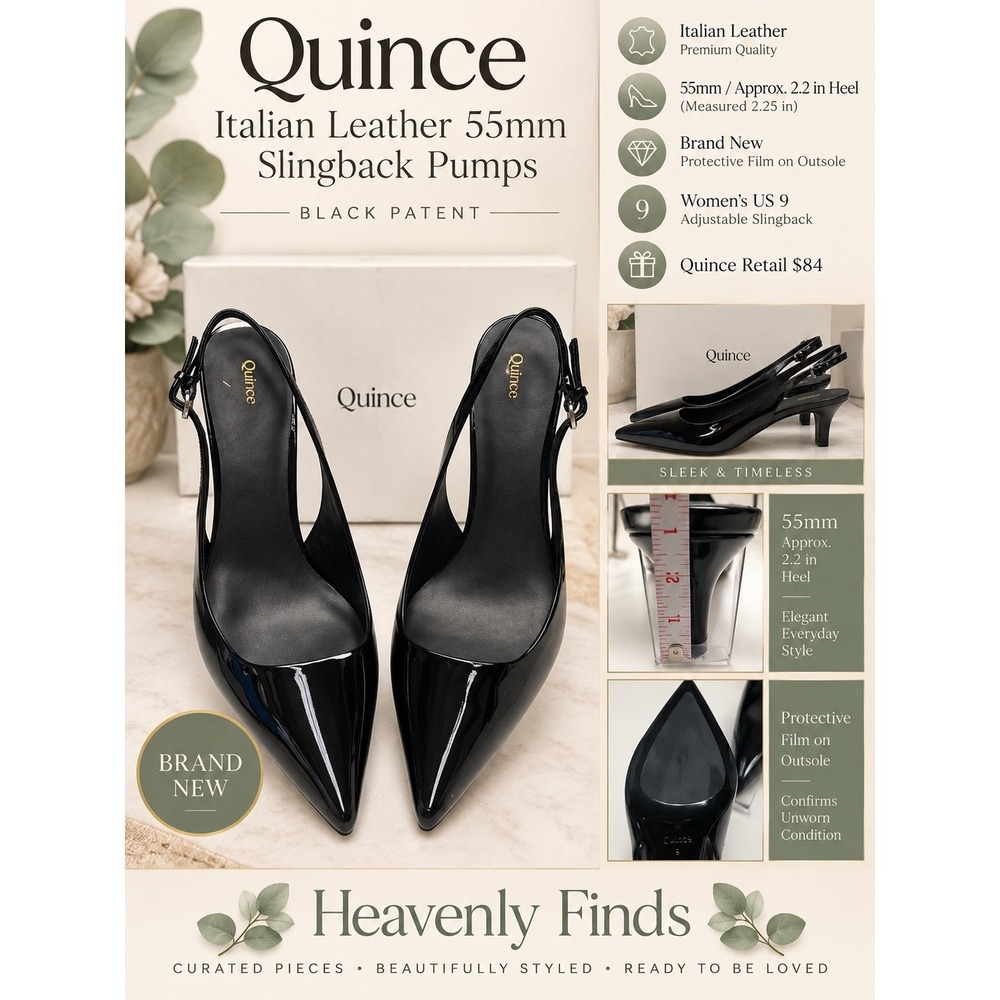 Quince Italian Leather Slingback Pumps 9 Black Patent Pointed Kitten Heel NEW